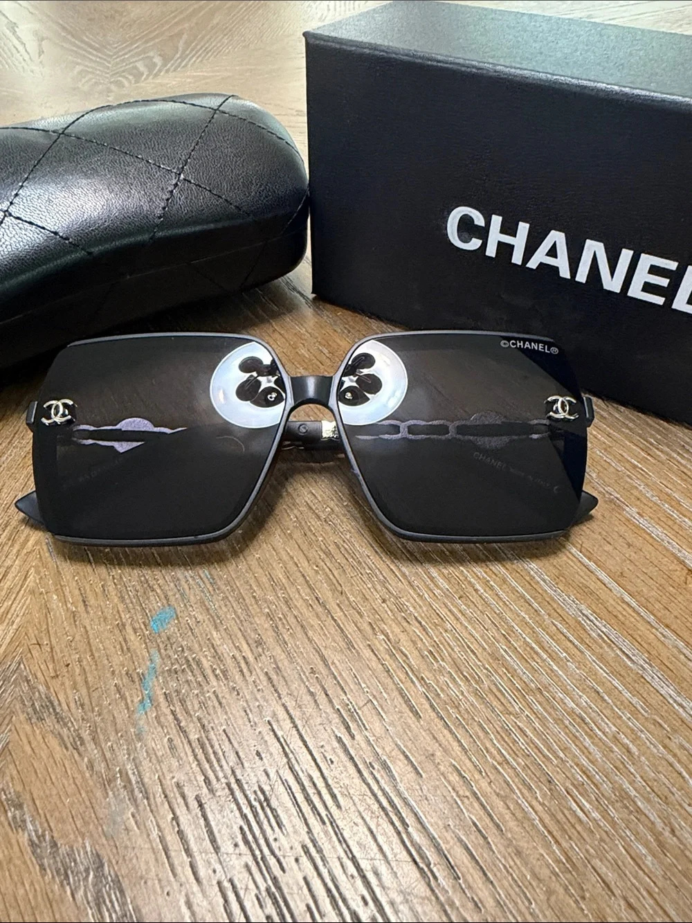 CHANEL Black & Silver Oversized Square Sunglasses with CC Logo